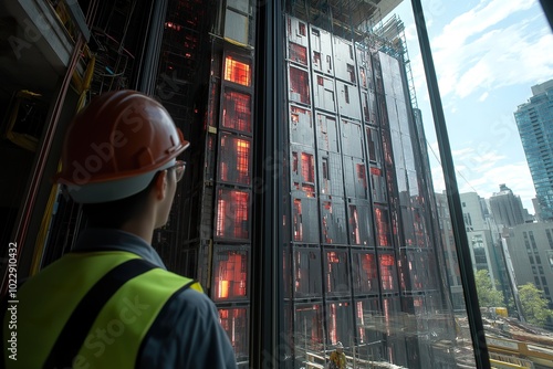 A futuristic bricklaying robot efficiently constructs walls in a modern high-rise building, showcasing innovation and advanced construction techniques