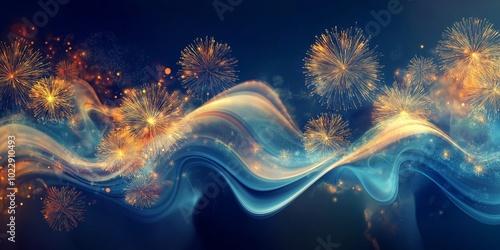 Vibrant background illustration with flowing blue and gold waves, fireworks in the background, symbolizing the festive mood of Reveillon, selective focus
