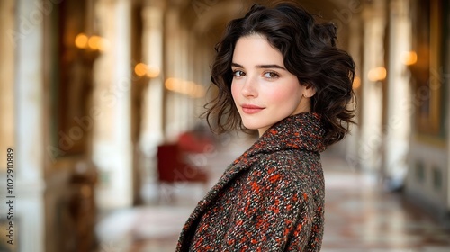 A professional model poses in a luxurious fashion studio, showcasing a fashion-forward winter coat draped elegantly over her shoulder. The rich colors and textures of the coat contrast beautifully