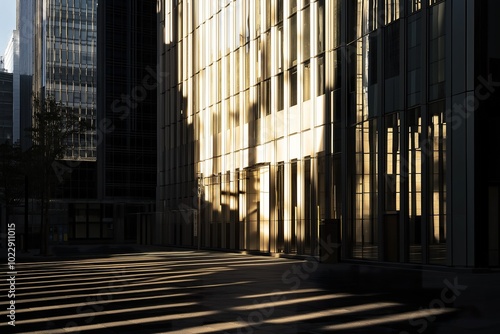 Sunlight filters through buildings  casting intricate patterns on the pavement in an urban setting during late afternoon hours