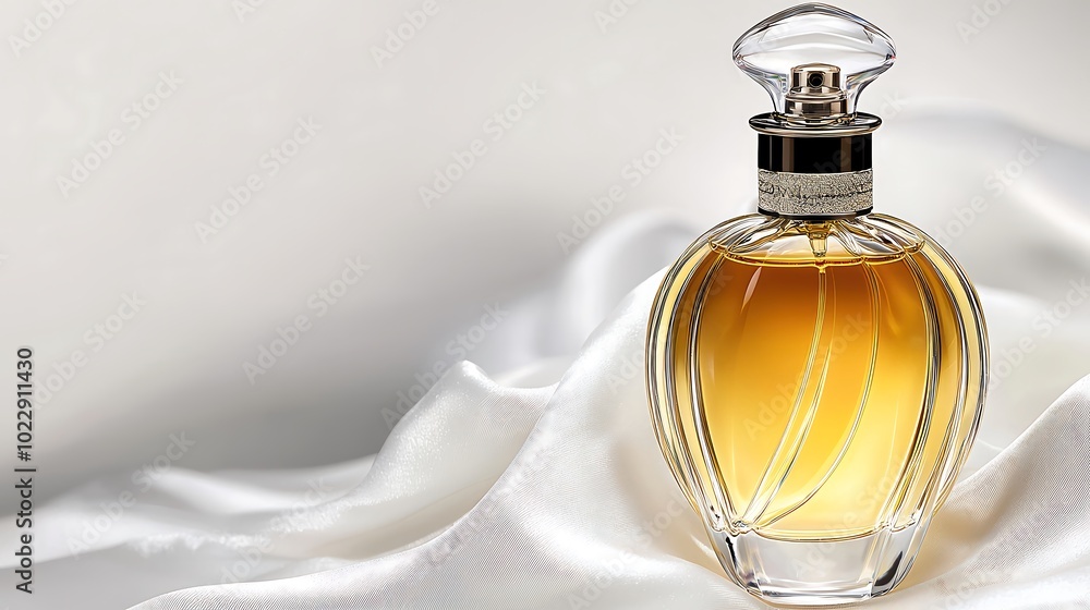A close-up shot of a premium fragrance bottle with intricate detailing and a unique cap, placed on a bed of white silk fabric. The warm lighting accentuates the glass’s clarity and design, creating A close-up shot of a premium fragrance bottle with intricate detailing and a unique cap, placed on a bed of white silk fabric. The warm lighting accentuates the glass’s clarity and design, creating