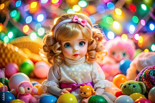 Whimsical Doll Girl Surrounded by Colorful Toys in Playful Setting with Soft Lighting and Cheerful Vibes