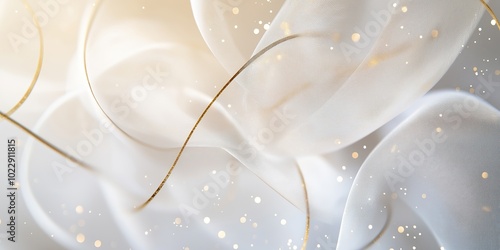Elegant background featuring soft white and gold flowing lines, accented by subtle sparkles, capturing the spirit of Reveillon, selective focus
