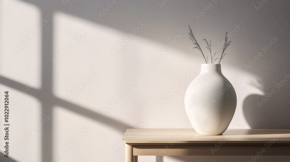 Modern white ceramic vase on a sleek wooden side table, standing against a plain light-gray wall Modern white ceramic vase on a sleek wooden side table, standing against a plain light-gray wall