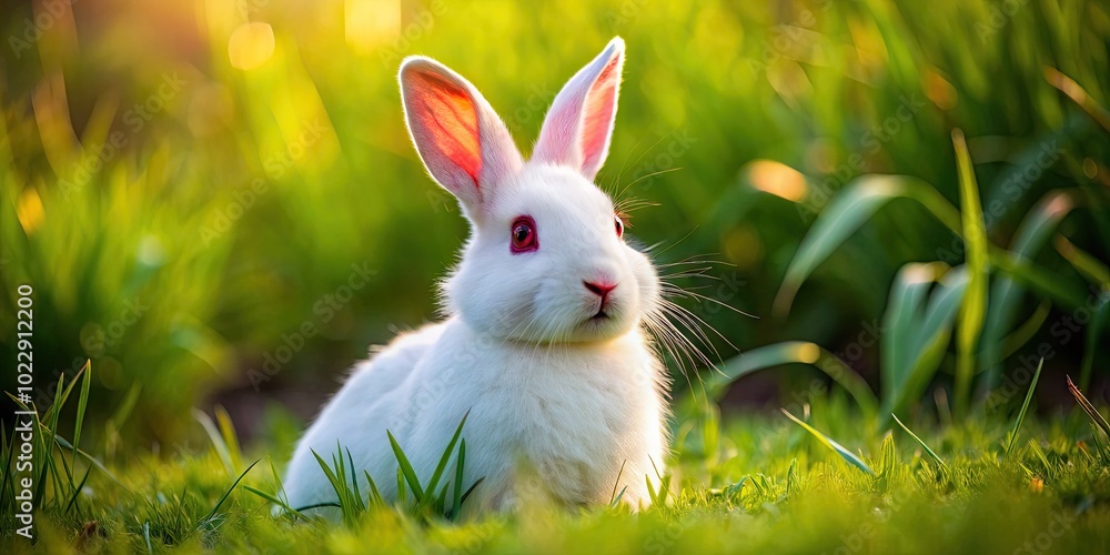 Obraz premium White Bunny with Striking Red Eyes Sitting on Soft Grass in a Peaceful Natural Setting Outdoors