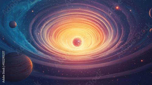 Cosmic energy swirl with planets in space