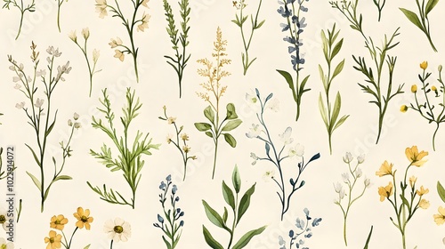 Vintage botanical illustration pattern, vintage wildflowers and herbs, muted pastel colors, cream background