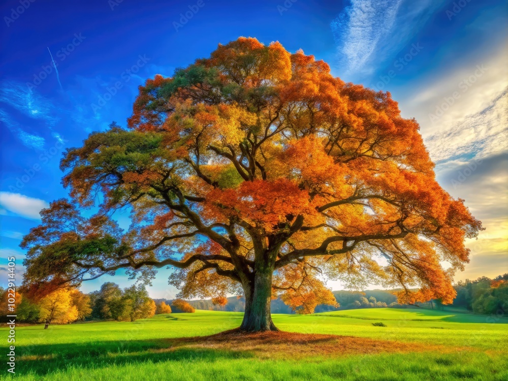 Majestic Pi Oak Tree in Autumn Foliage Surrounded by Lush Green Grass and Clear Blue Sky Majestic Pi Oak Tree in Autumn Foliage Surrounded by Lush Green Grass and Clear Blue Sky