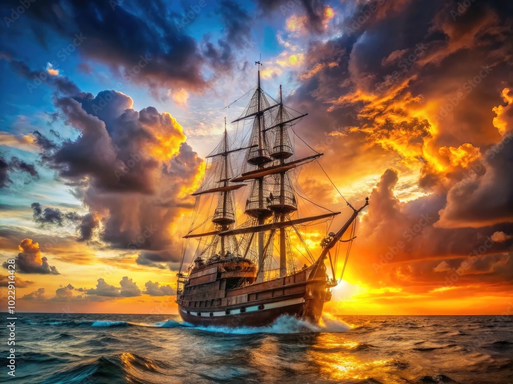 Majestic pirate ship sailing the open sea with billowing sails against a vibrant sunset backdrop Majestic pirate ship sailing the open sea with billowing sails against a vibrant sunset backdrop