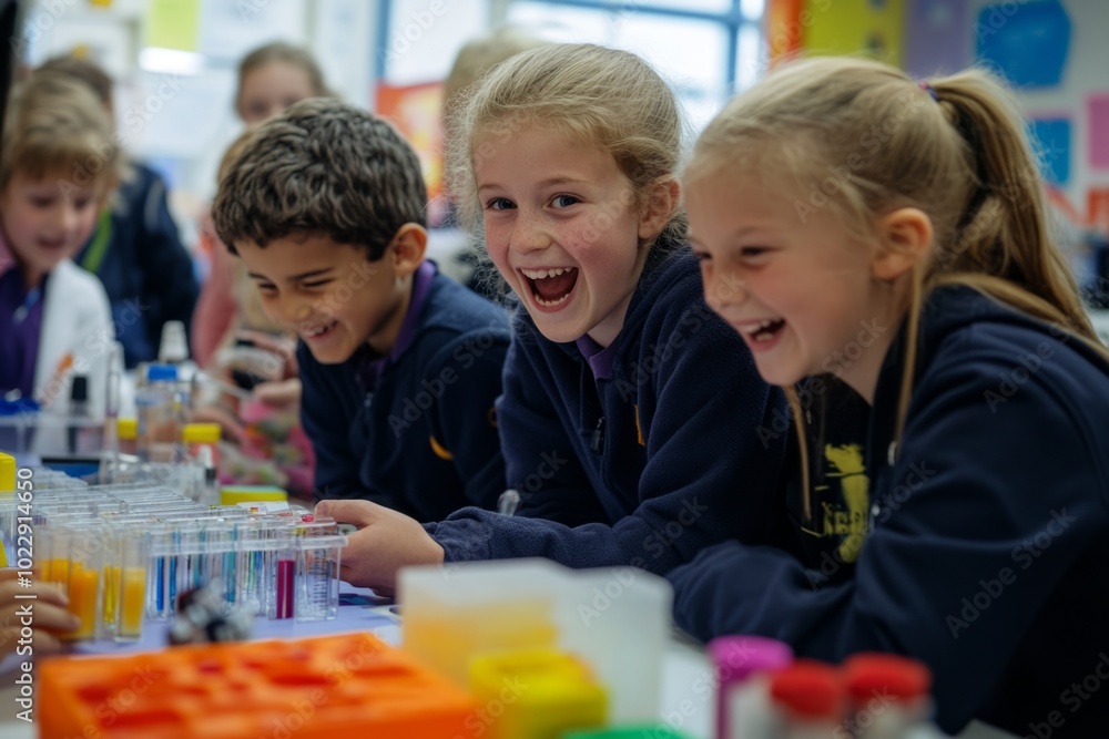 Children enjoy a fun science experiment in class. They are engaged and smiling while working with colorful liquids. Learning is active and exciting. Generative AI Children enjoy a fun science experiment in class. They are engaged and smiling while working with colorful liquids. Learning is active and exciting. Generative AI