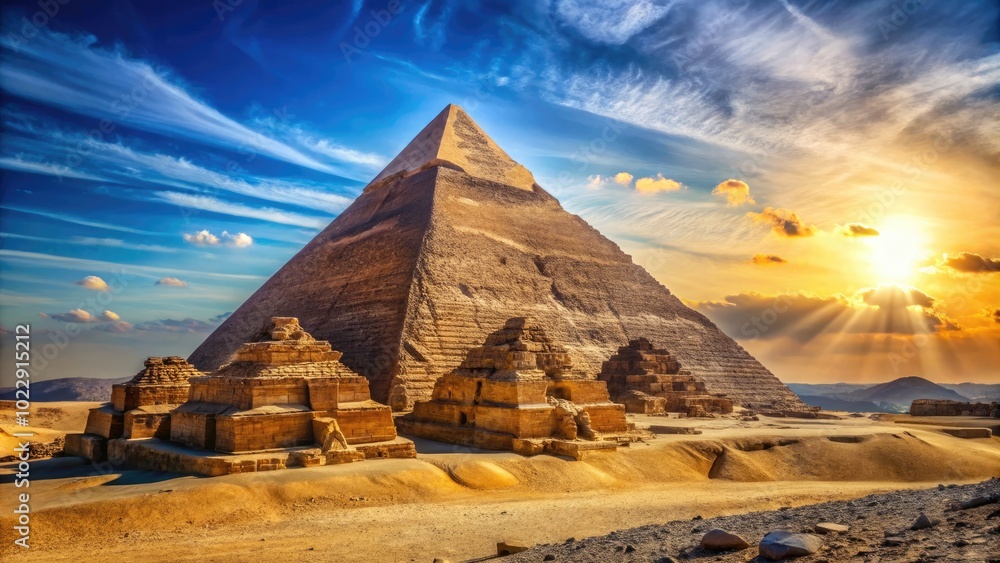 Majestic Pyramid Against Clear Blue Sky with Surrounding Desert Landscape and Vibrant Sunlight Majestic Pyramid Against Clear Blue Sky with Surrounding Desert Landscape and Vibrant Sunlight