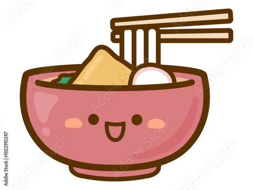 かわいいきつねうどんのベクターイラスト、赤色のどんぶり鉢に入った油揚げとかまぼことうどん