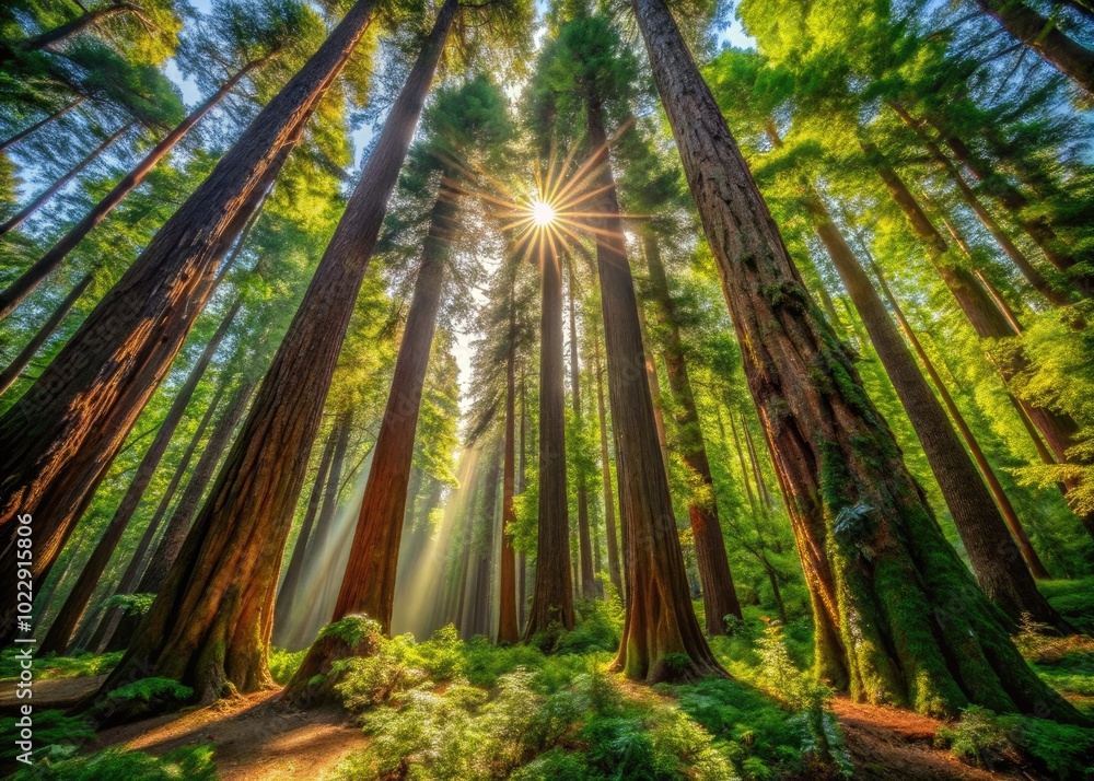 Majestic Redwood Forest with Towering Trees and Sunlight Filtering Through Lush Green Canopy Majestic Redwood Forest with Towering Trees and Sunlight Filtering Through Lush Green Canopy