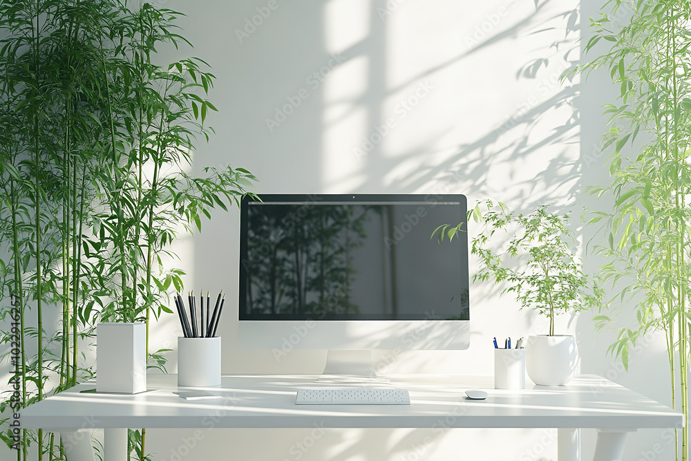 Fototapeta premium Serene Minimalist Workspace for Digital Designers with Ergonomic Features 