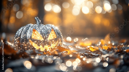 Glowing silver pumpkin with a spooky face rests on autumn leaves in a forest, creating a magical halloween atmosphere in the afternoon sun