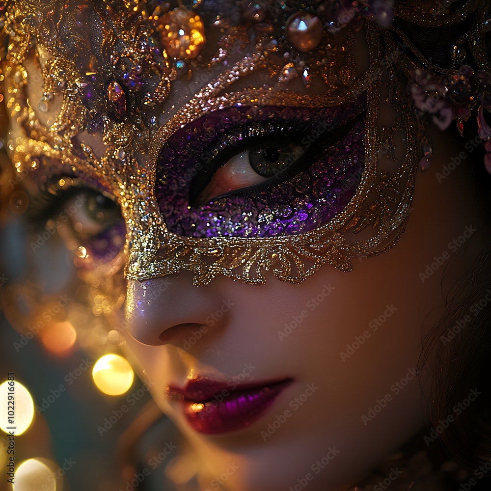 Closeup Portrait of a Woman Wearing a Golden and Purple Venetian Carnival Mask. Closeup Portrait of a Woman Wearing a Golden and Purple Venetian Carnival Mask.