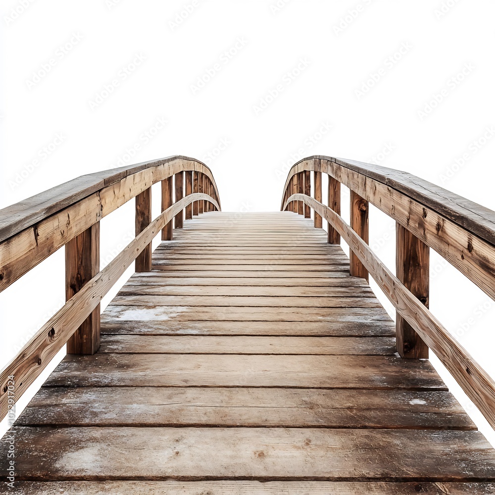 Fototapeta premium A wooden bridge with weathered planks, top-down view, with a clean white background