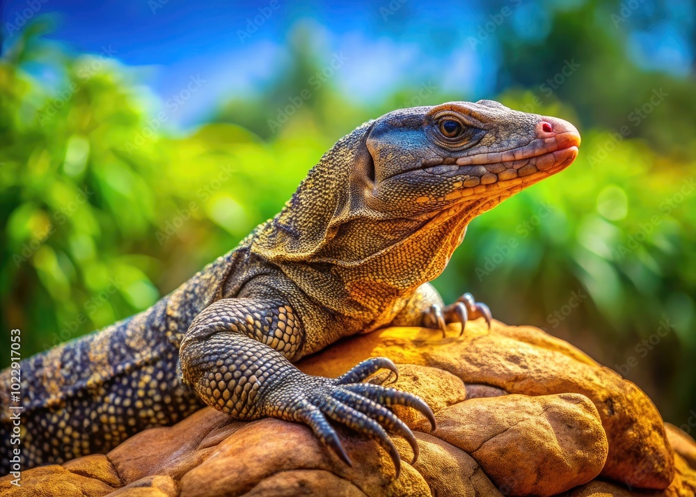 Majestic Savannah Monitor Lizard Relaxing on a Rock in a Natural Habitat Under Bright Sunlight Majestic Savannah Monitor Lizard Relaxing on a Rock in a Natural Habitat Under Bright Sunlight