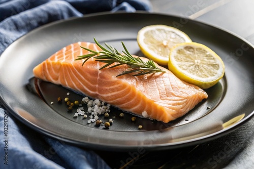 Delicious Fresh Salmon with Lemon Slices and Rosemary on Black Plate