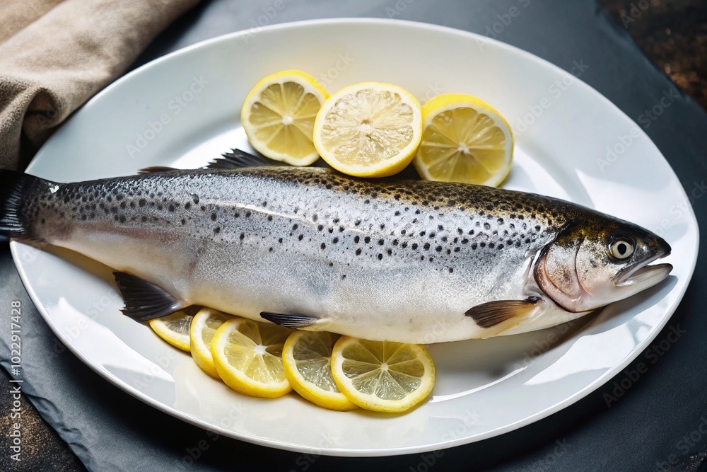 Fresh Trout on Display: Culinary Delight with Slices of Lemon for a Gourmet Experience Fresh Trout on Display: Culinary Delight with Slices of Lemon for a Gourmet Experience