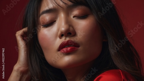 Close-up of Asian woman with red lipstick, eyes closed, against red background