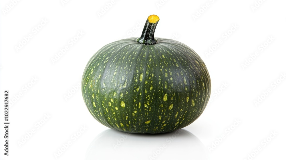 small green pumpkin with yellow spot on white background with shadow and reflection small green pumpkin with yellow spot on white background with shadow and reflection