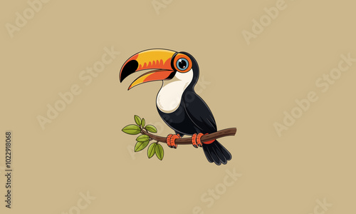 Cartoon toucan bird with a vibrant beak perched on a branch.