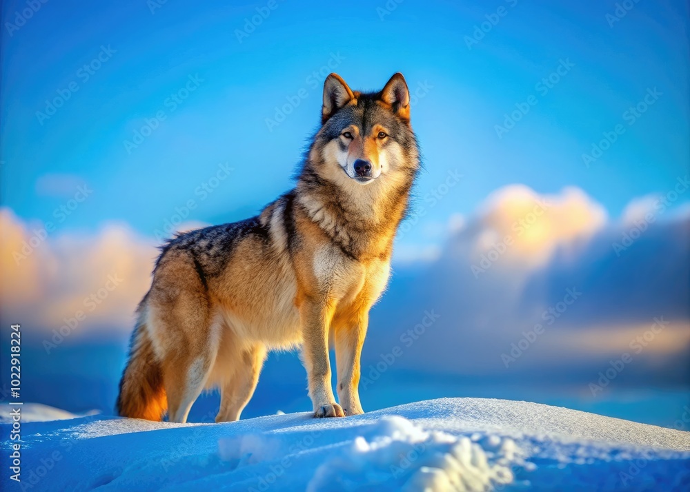 Fototapeta premium Majestic solitary wolf standing isolated in a snowy landscape under a clear blue sky in winter