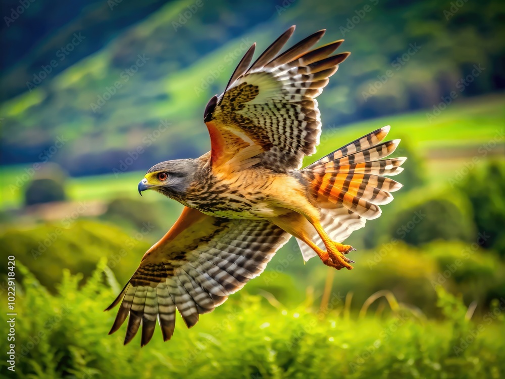 Fototapeta premium Majestic Split Tail Hawk in Flight Over Lush Green Landscape Captured in Brilliant Detail