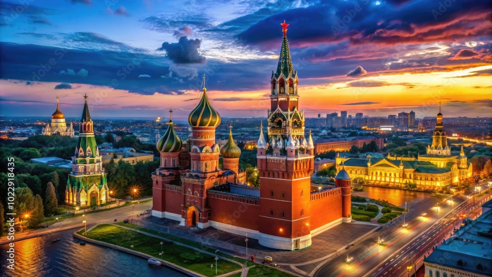 Majestic Spasskaya Tower Against a Clear Blue Sky in Moscow's Red Square, Architectural Landmark Majestic Spasskaya Tower Against a Clear Blue Sky in Moscow's Red Square, Architectural Landmark