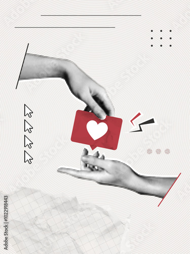 Trendy Halftone Collage Two Hands with Like. Social media emoticon. Follower share symbol. Online communication. Vertical modern paper poster. Contemporary vector illustration art