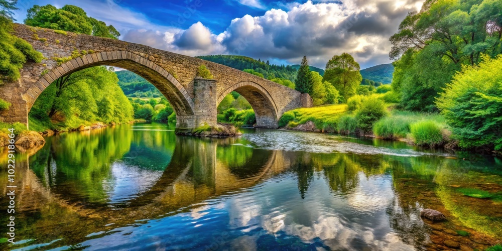 Fototapeta premium Majestic Stone Arch Bridge Spanning Tranquil River Surrounded by Lush Greenery and Scenic Landscape