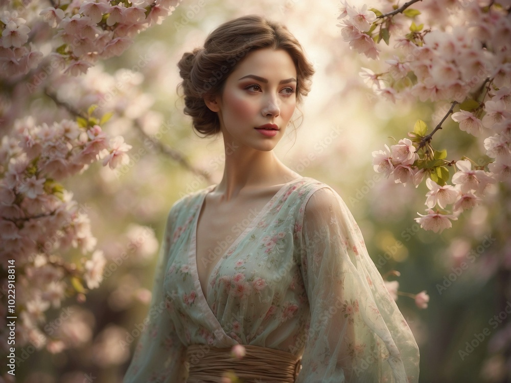 Elegant Woman Among Cherry Blossoms in Serene Spring Setting Elegant Woman Among Cherry Blossoms in Serene Spring Setting