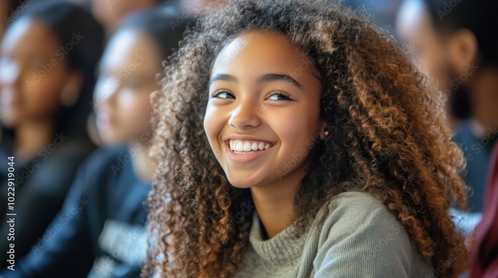 Smiling girl with curly hair in audience, joyful expression, engaging atmosphere Smiling girl with curly hair in audience, joyful expression, engaging atmosphere
