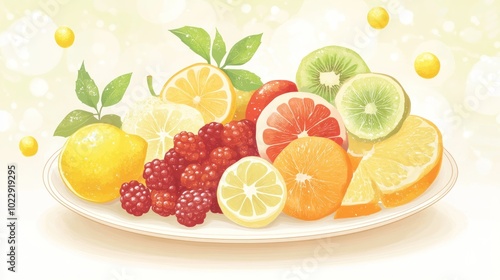 A colorful assortment of fresh fruits arranged on a plate, showcasing vibrant colors and textures.