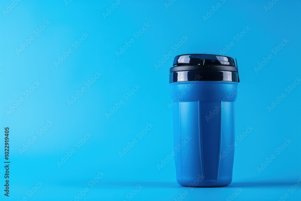 Blue travel mug against a bright blue background, highlighting its design and color Blue travel mug against a bright blue background, highlighting its design and color