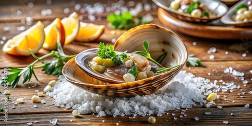 Freshly prepared Spisula solida, the surf clam delicacy, beautifully captured with high-depth photography for culinary enthusiasts and seafood lovers alike. Indulge in perfection. photo