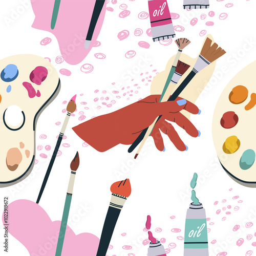 Seamless pattern with art supplies, on a white background, hand drawn style. Art workshop, fine art, hobby, pastime. Trendy modern vector illustration, flat design.