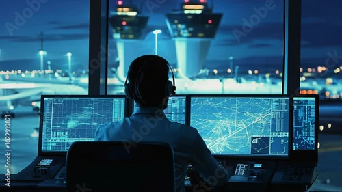 Air Traffic Controller Monitoring at Night in Control Tower