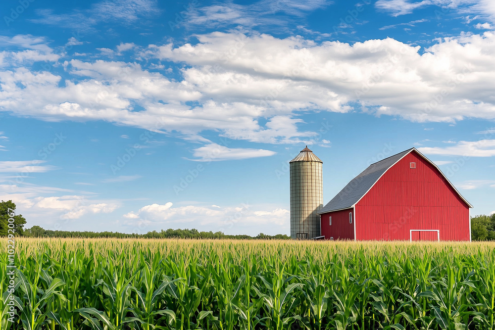 A red barn sits in a field of corn