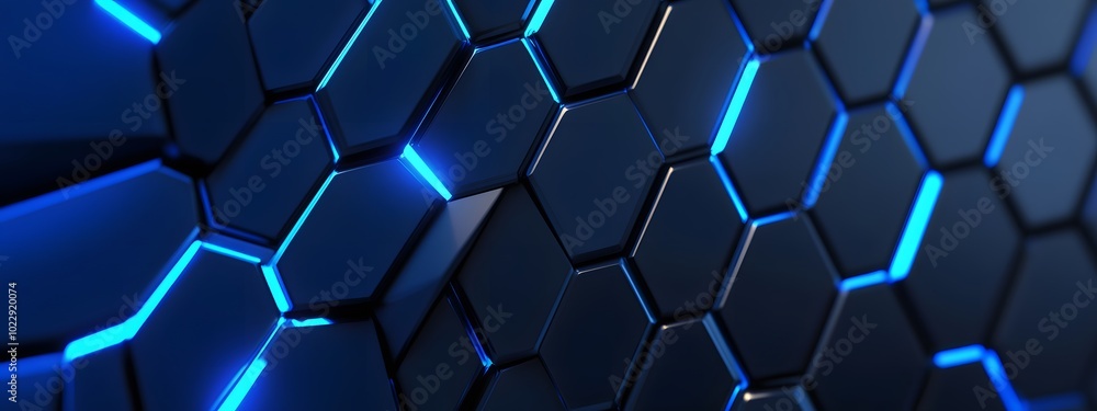 3D render, abstract background with blue glowing hexagons on a dark grey wall texture. Modern wallpaper for technology and science themes. 3D render, abstract background with blue glowing hexagons on a dark grey wall texture. Modern wallpaper for technology and science themes.