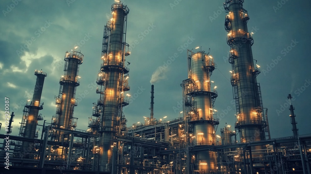 Industrial oil refinery at dusk with illuminated towers and cloudy sky Industrial oil refinery at dusk with illuminated towers and cloudy sky