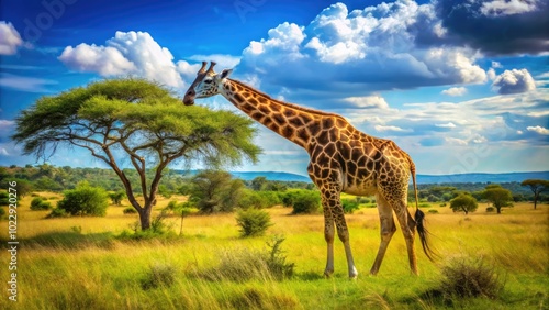 Majestic Thornicroft Giraffe Grazing in the Lush African Savannah Under Clear Blue Sky photo