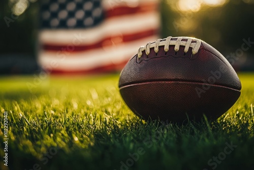 A close-up of a traditional football resting on fresh green grass. In the background, a waving American flag symbolizes patriotism. Perfect for sports imagery. Generative AI photo