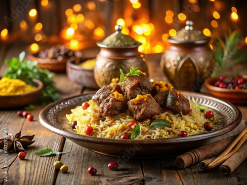 Indulge in fragrant Nasi Kebuli, a Middle Eastern dish featuring tender mutton and spiced basmati rice, all served warmly in a cozy, low light ambiance. photo