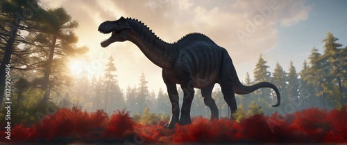 Fototapeta Naklejka Na Ścianę i Meble -  dinosaur dino creature in forest during daylight. Highly detailed ultrawide fantasy 21:9 illustration