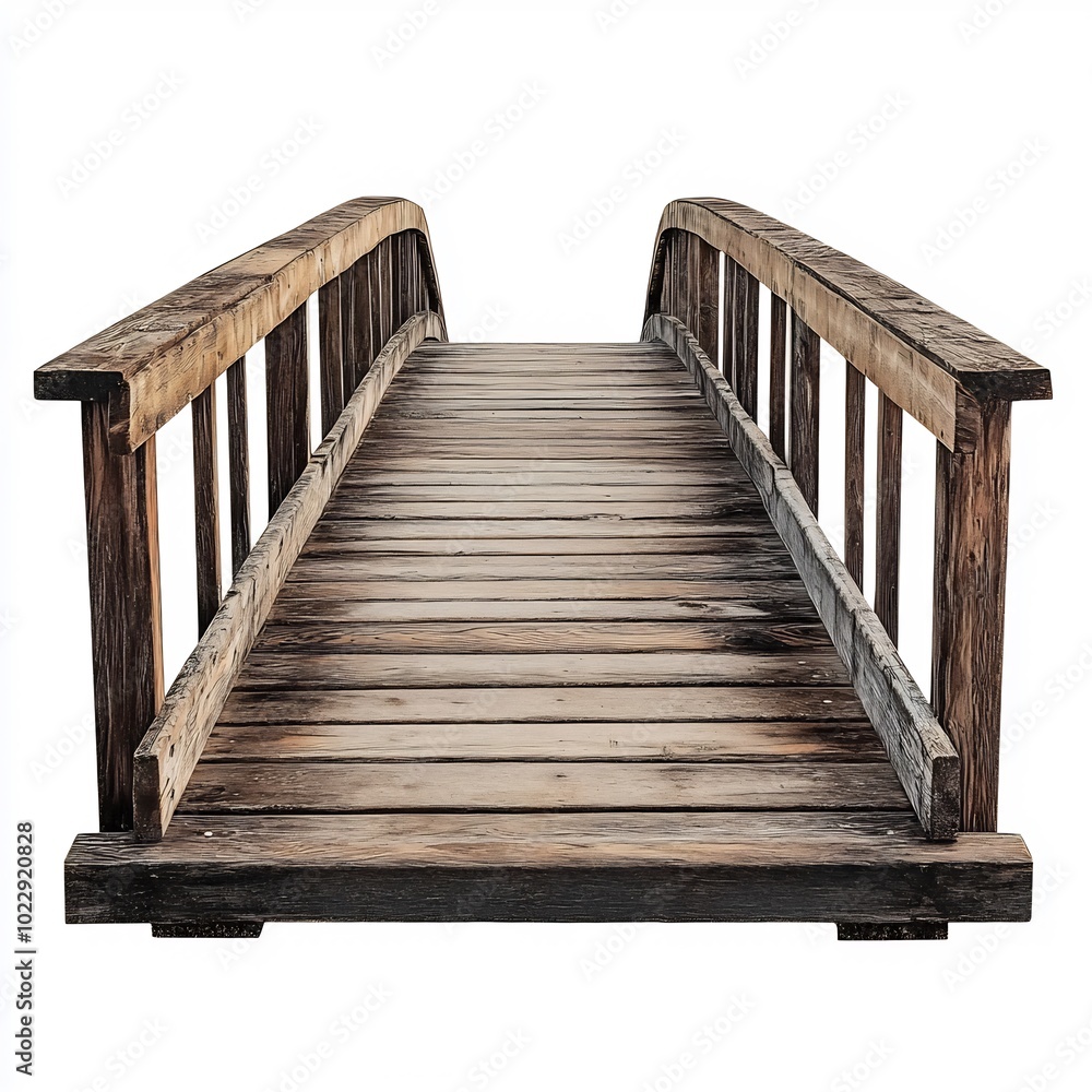 A wooden pedestrian bridge with rope handles, top-down, on a white background