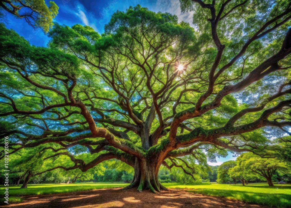 Majestic Tree of Knowledge with Expansive Branches and Lush Green Leaves Against a Clear Blue Sky Majestic Tree of Knowledge with Expansive Branches and Lush Green Leaves Against a Clear Blue Sky