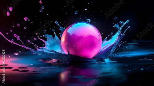 Vibrant neon splash of purple and blue liquid pouring from one side to the other, creating an artistic explosion on a black background