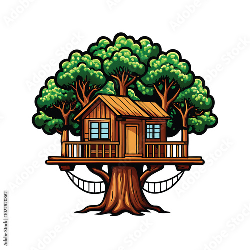 Illustration of a treehouse home built high in the branches of a large tree.